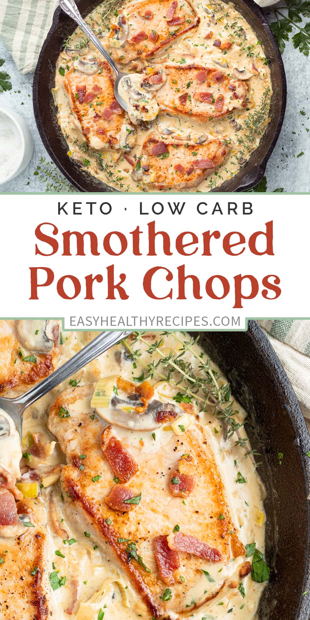 Pin graphic for keto smothered pork chops.