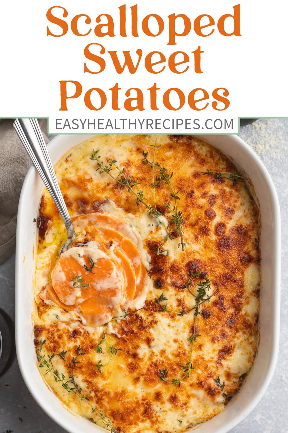 Pin graphic for scalloped sweet potatoes.