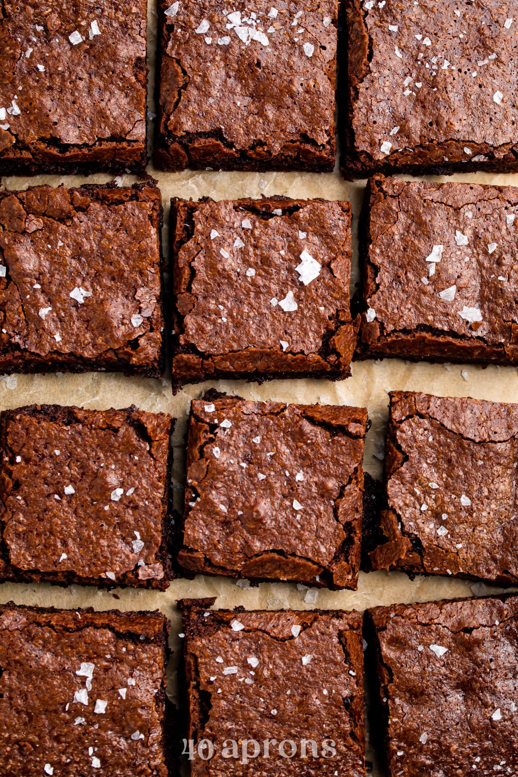 A photo, taken from above, shows 4 rows of 3 brownies on a sheet of parchment paper.