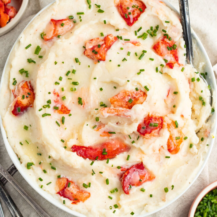 Top-down view of a giant bowl of swirled, whipped mashed potatoes with large chunks of pink and red lobster meat.