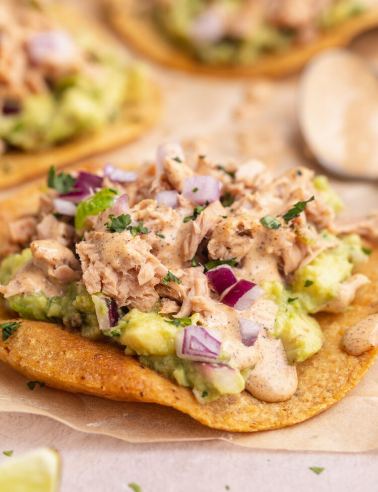 Side view of a crisp tostada topped with tuna, guac, and fresh toppings.