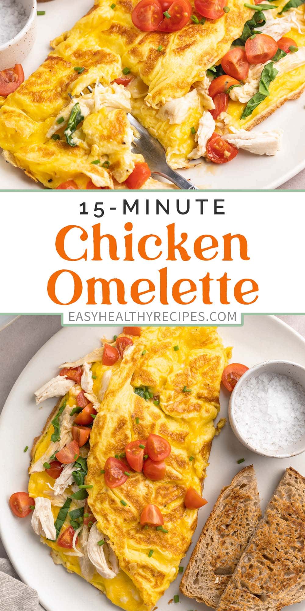Pin graphic for chicken omelette.