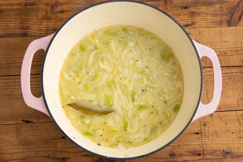 Chicken broth and remaining ingredients added to large pot for cream of onion soup.