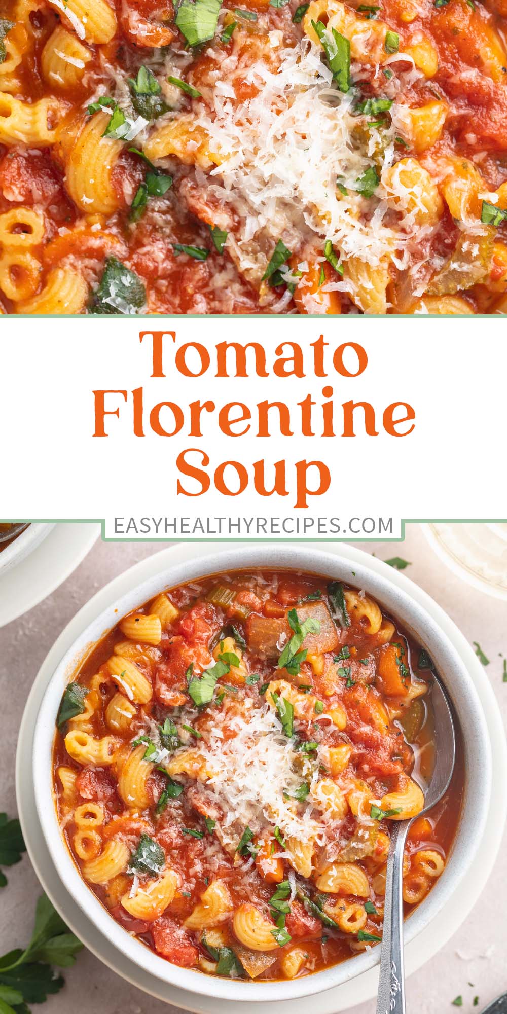 Pin graphic for tomato florentine soup.