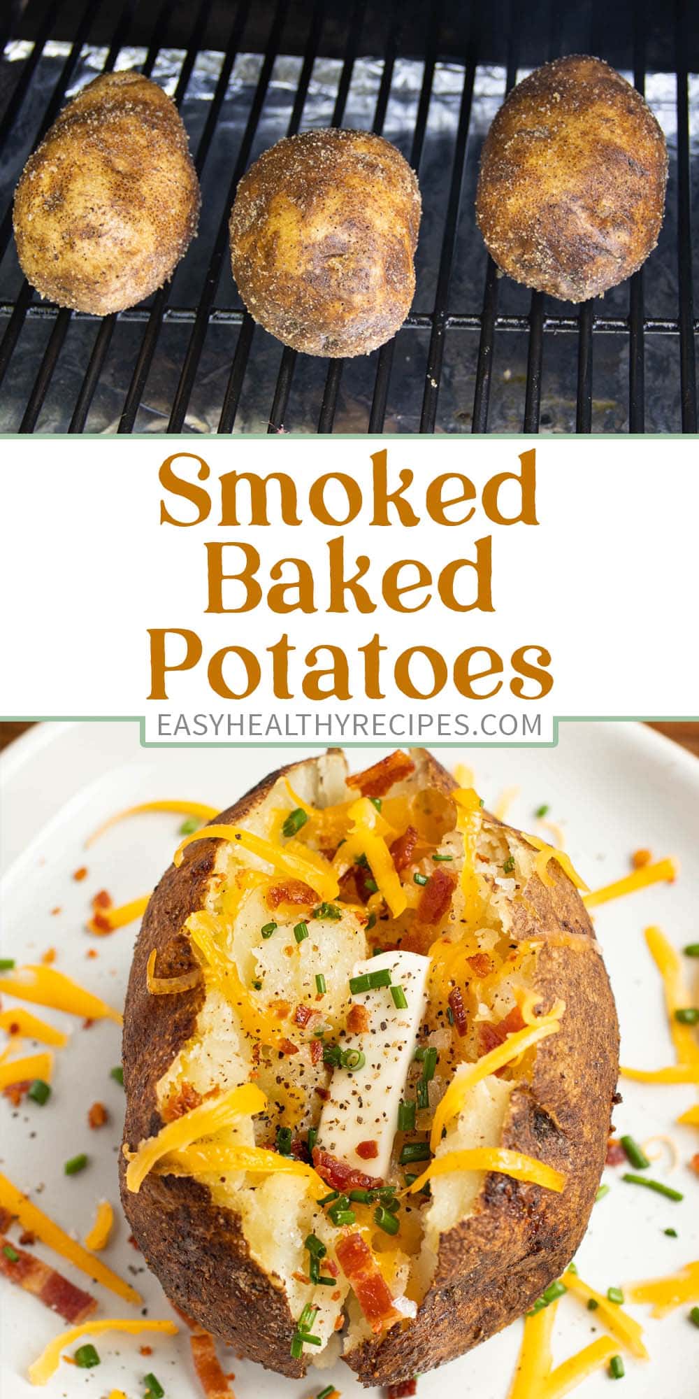 Pin graphic for smoked baked potatoes.
