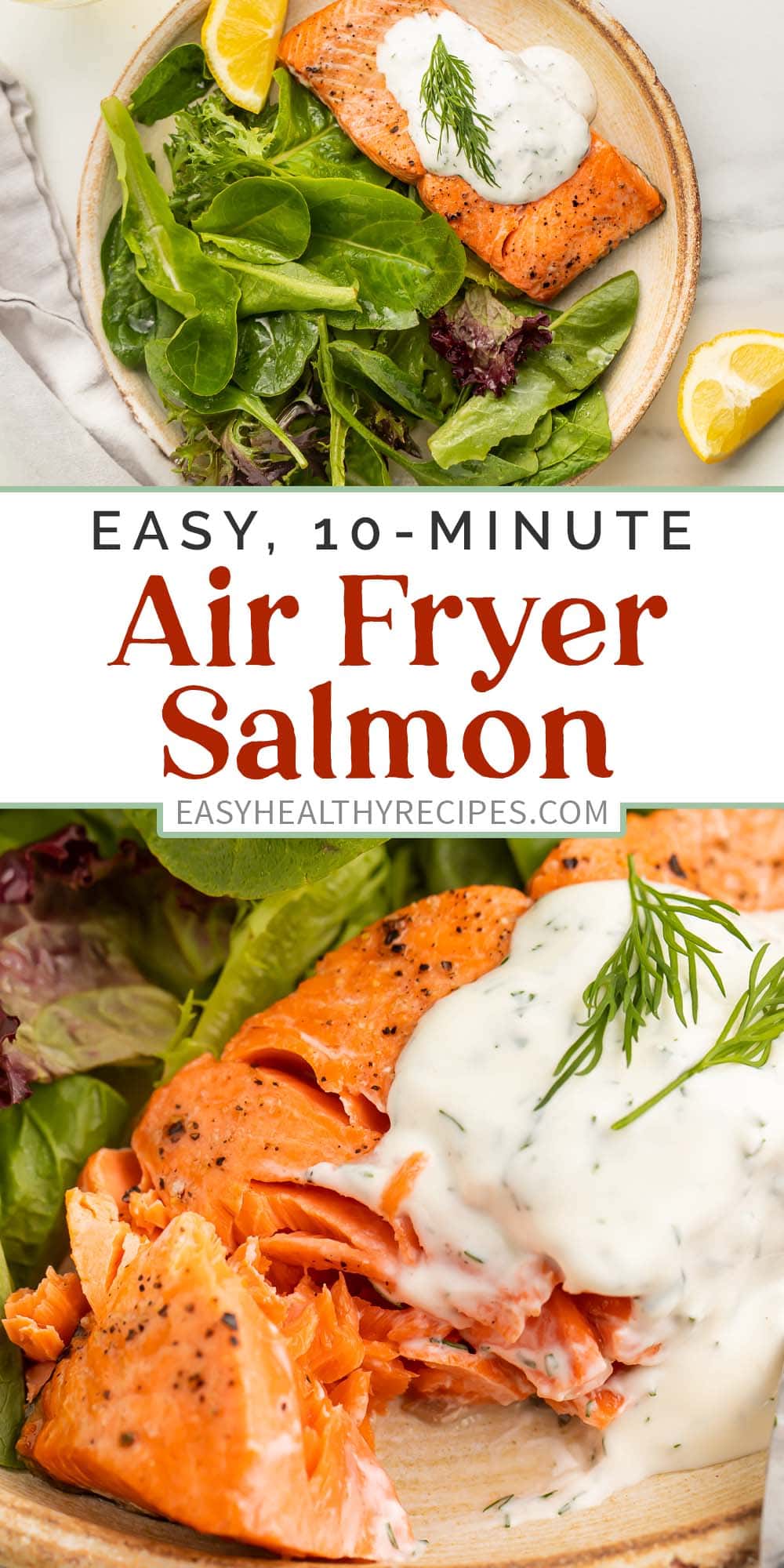 Pin graphic for air fryer salmon.