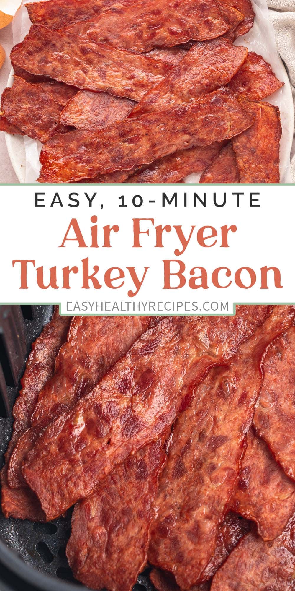 Pin graphic for air fryer turkey bacon.