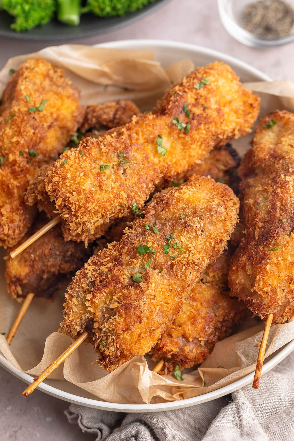 Mock chicken legs on a plate.