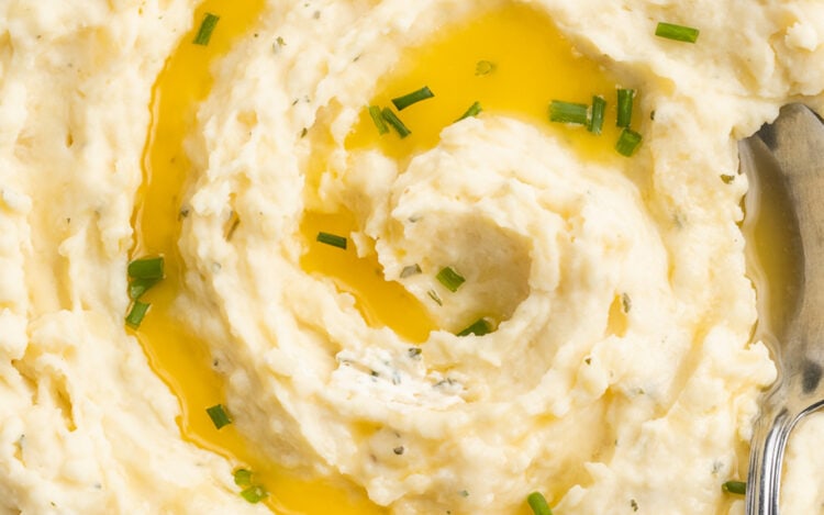 Close-up of creamy, swirled Boursin mashed poatoes.