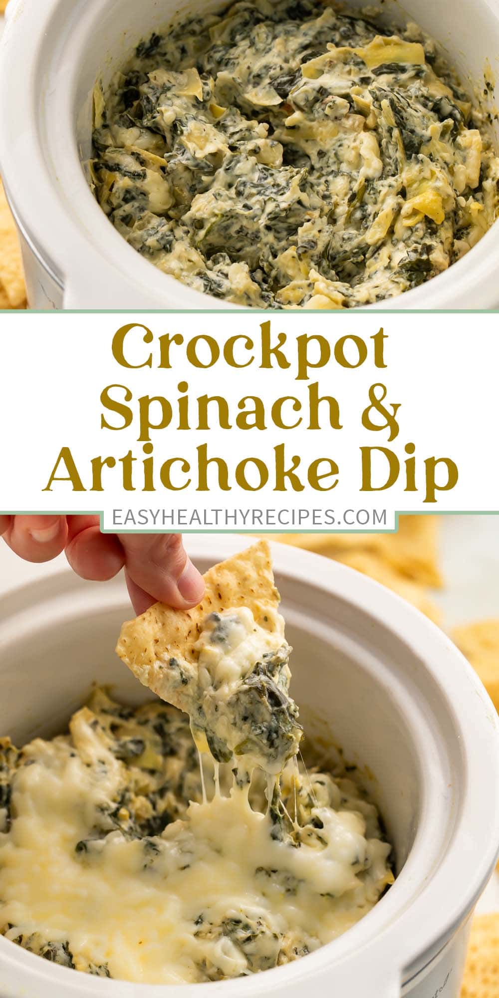 Pin graphic for Crockpot spinach artichoke dip.