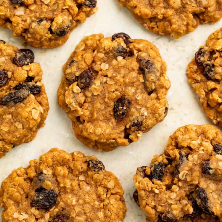 Overhead image of vegan oatmeal raisin cookies.