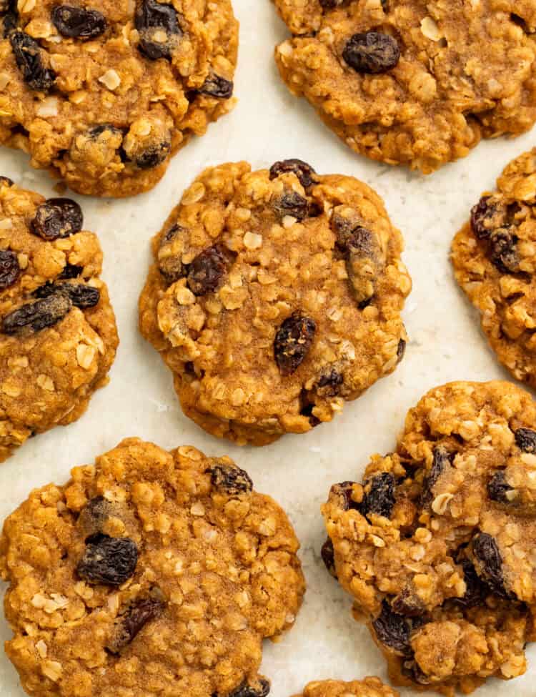 Overhead image of vegan oatmeal raisin cookies.