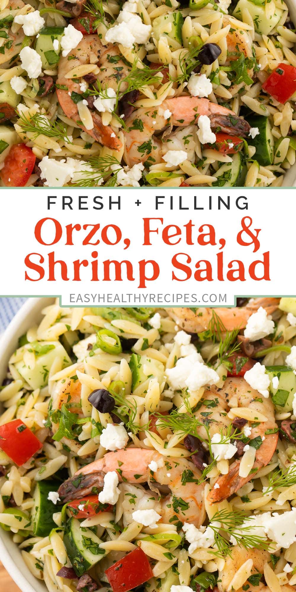 Pin graphic for Greek shrimp salad.