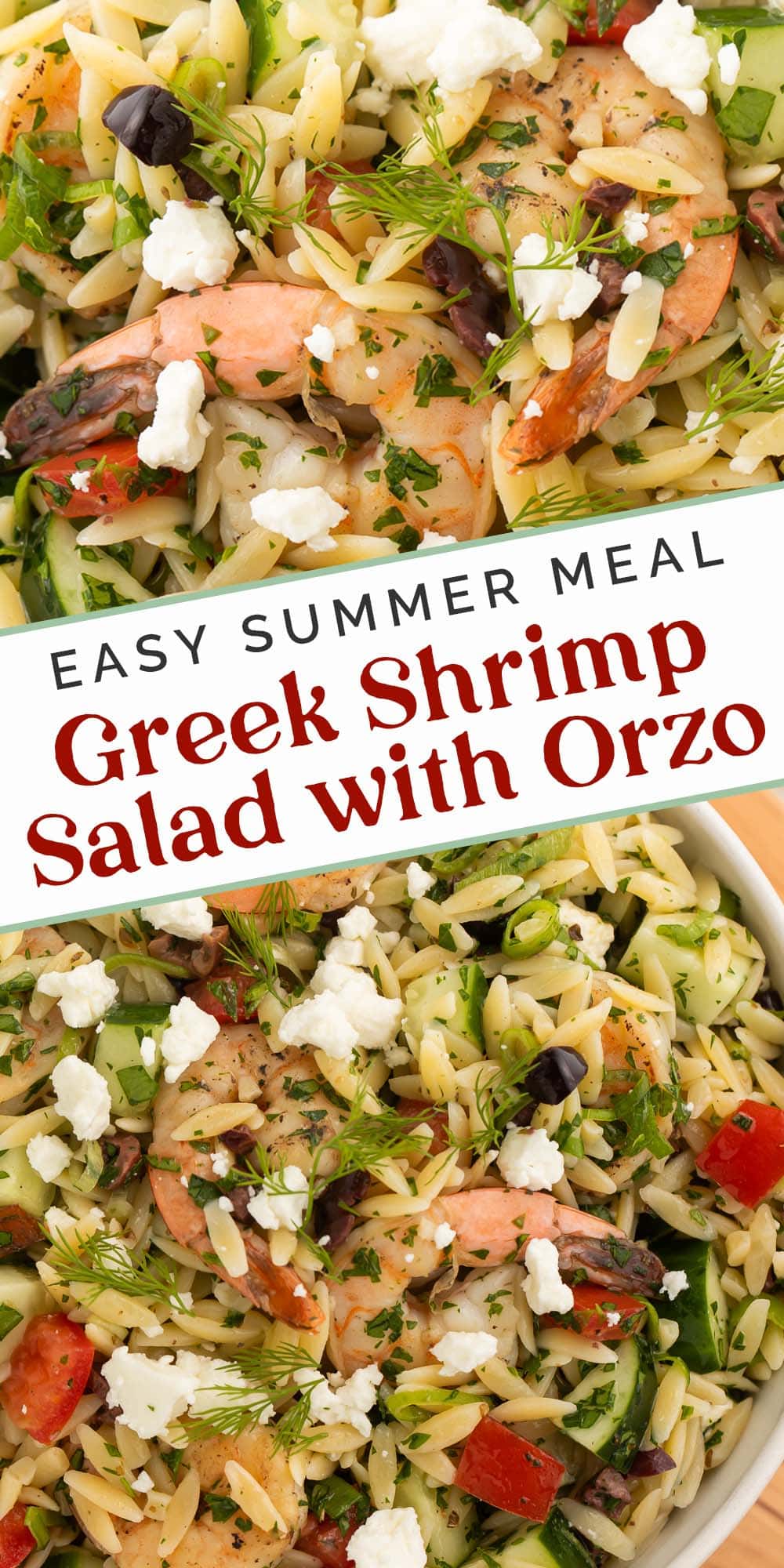 Pin graphic for Greek shrimp salad.