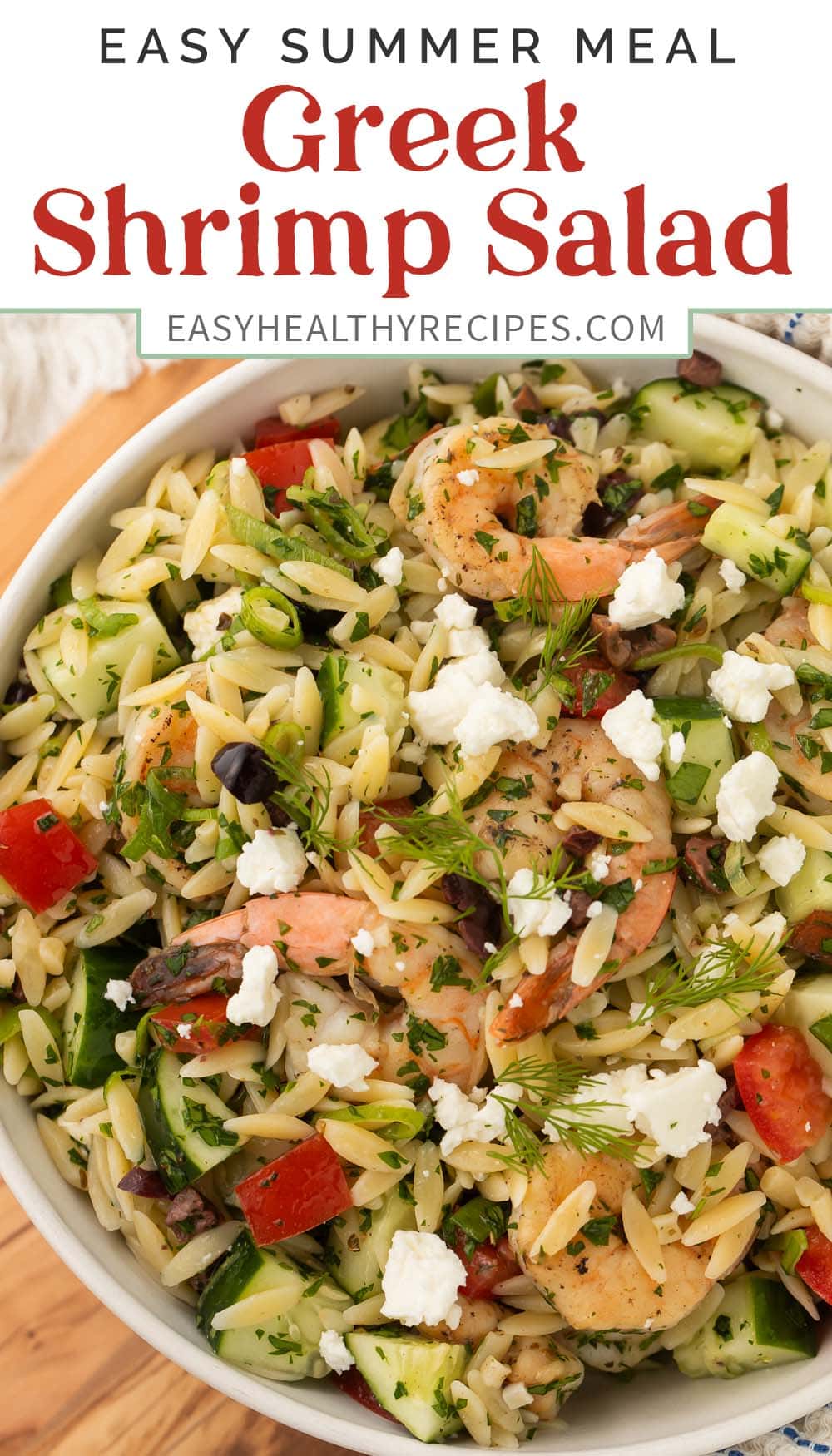Pin graphic for Greek shrimp salad.