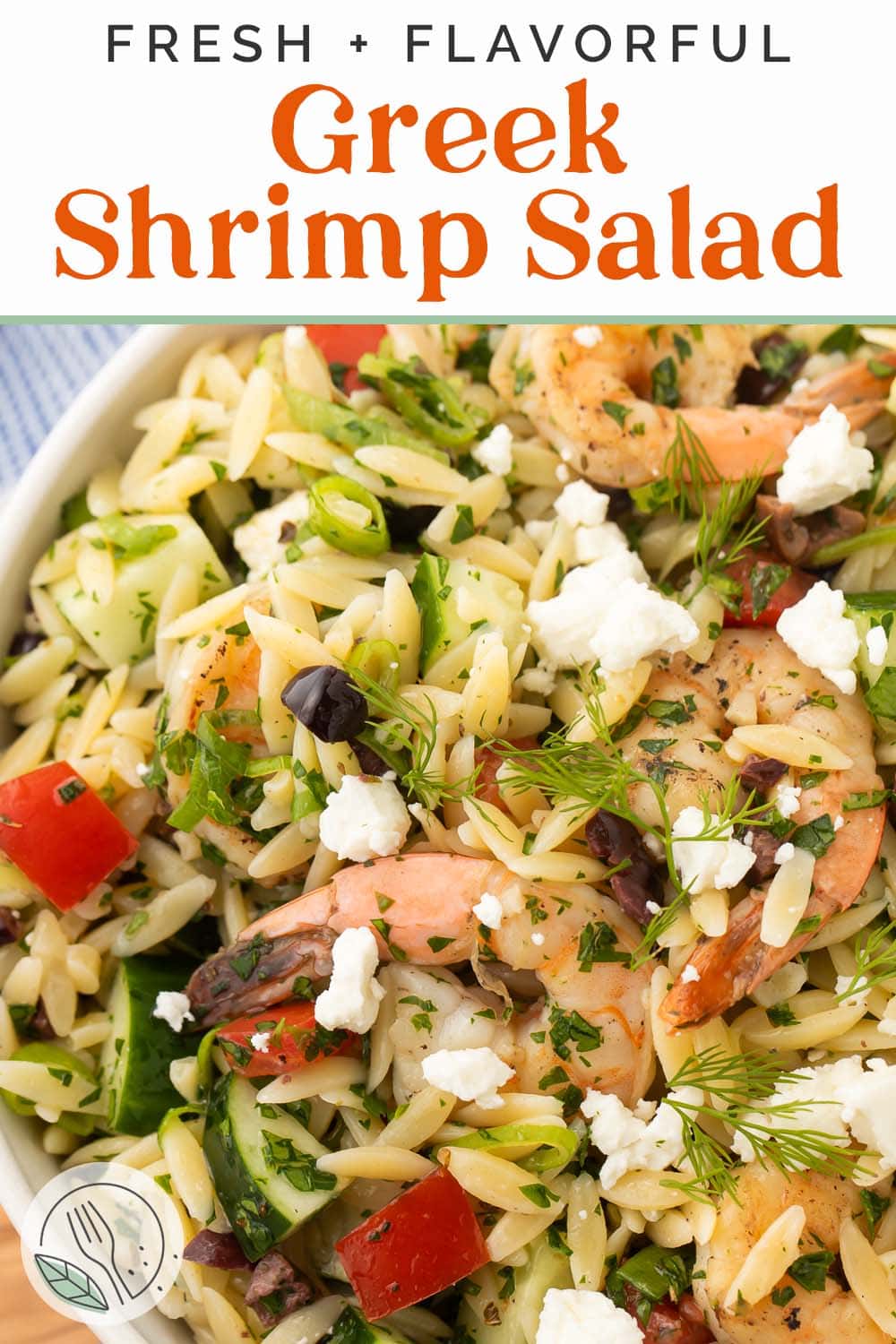 Pin graphic for Greek shrimp salad.