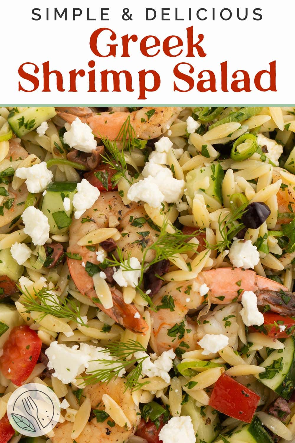 Pin graphic for Greek shrimp salad.