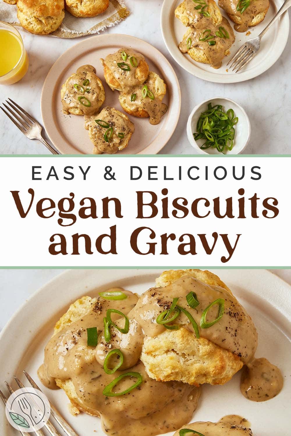 Pin graphic for vegan biscuits and gravy.