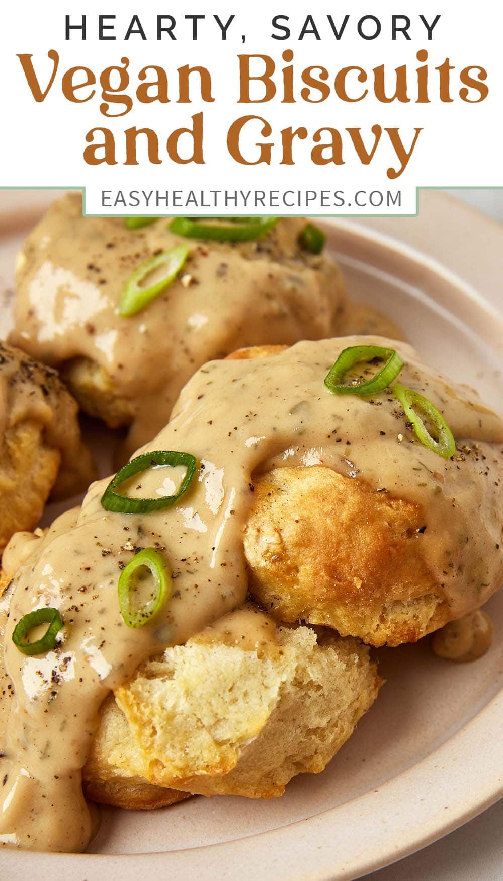 Pin graphic for vegan biscuits and gravy.