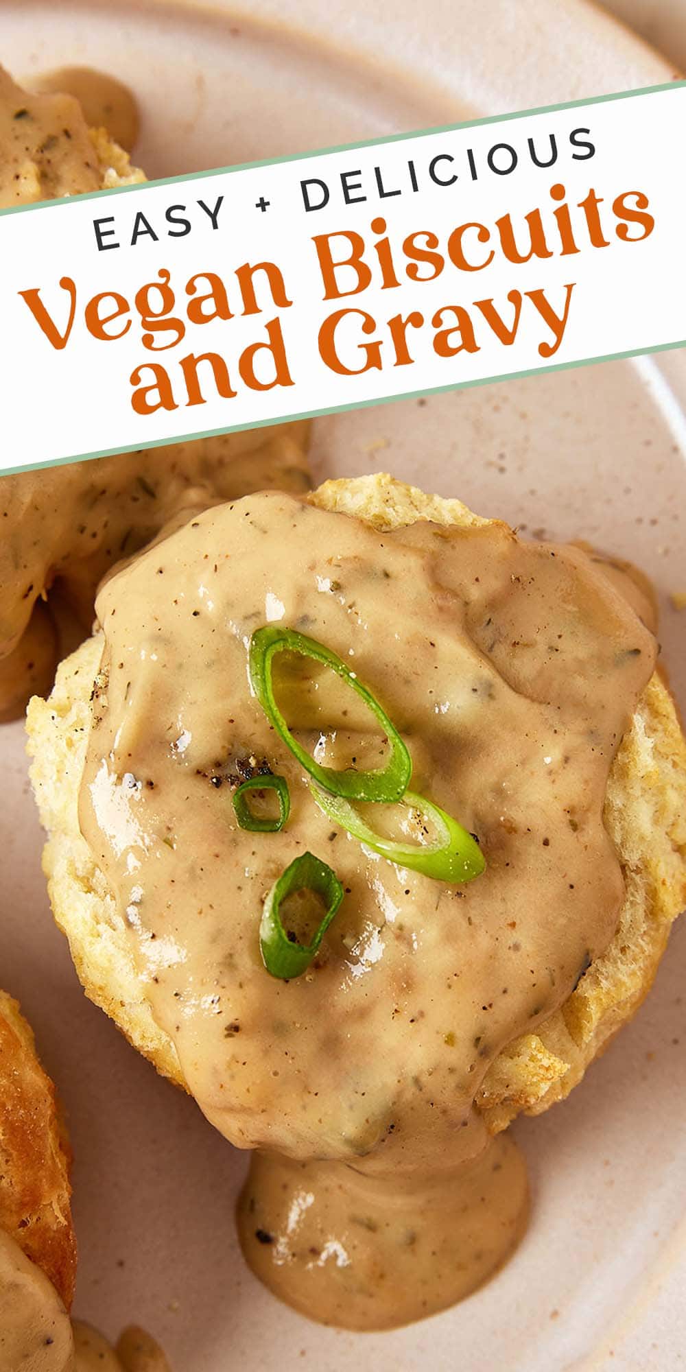 Pin graphic for vegan biscuits and gravy.