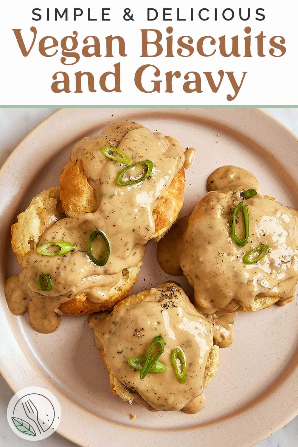 Pin graphic for vegan biscuits and gravy.