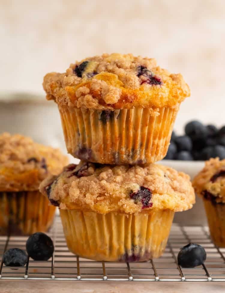 Two blueberry muffins on a wire rack stacked on top of each other.
