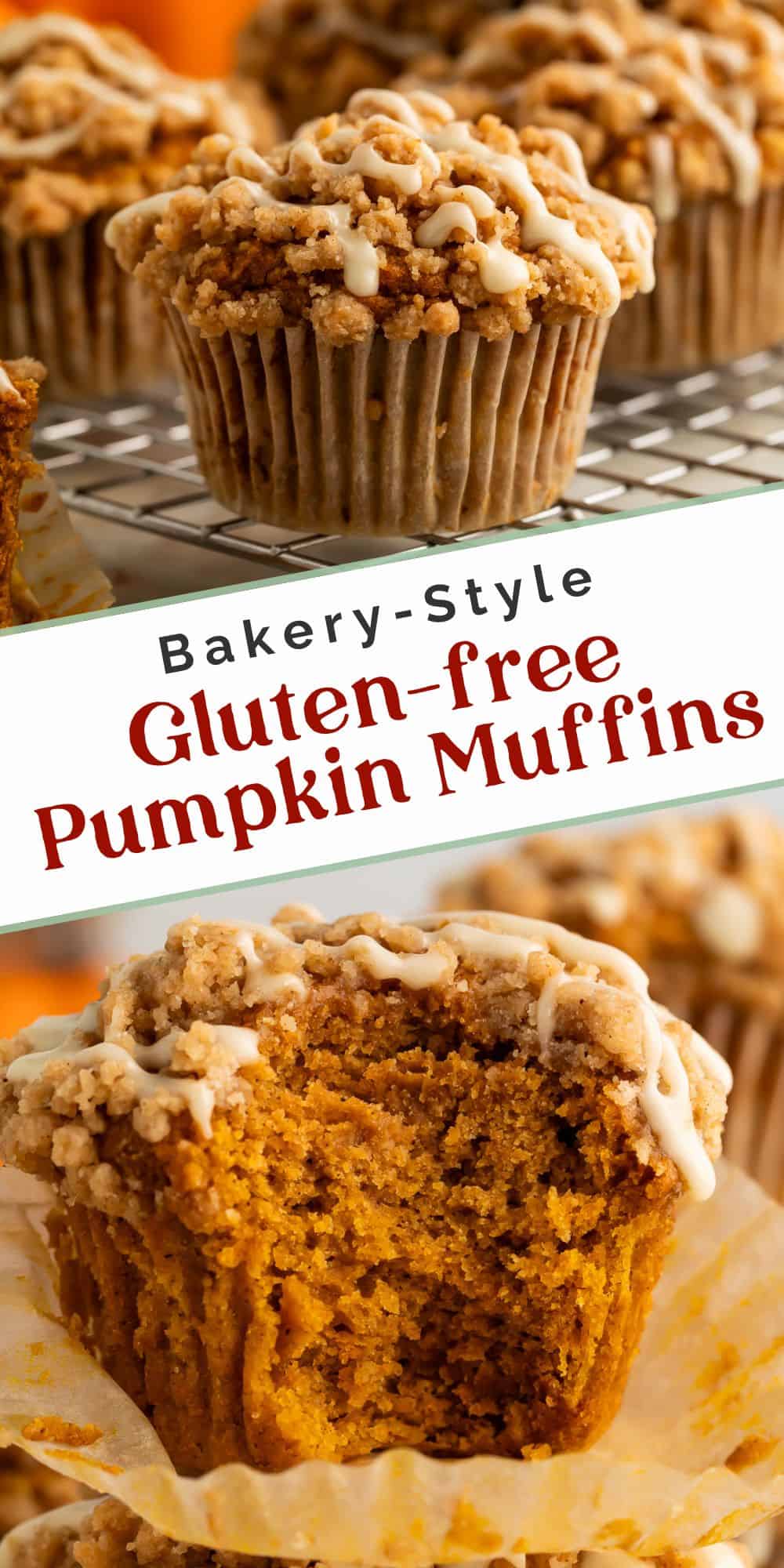 Two photos in a pin layout showing pumpkin muffins, one with a bite taken out of one.