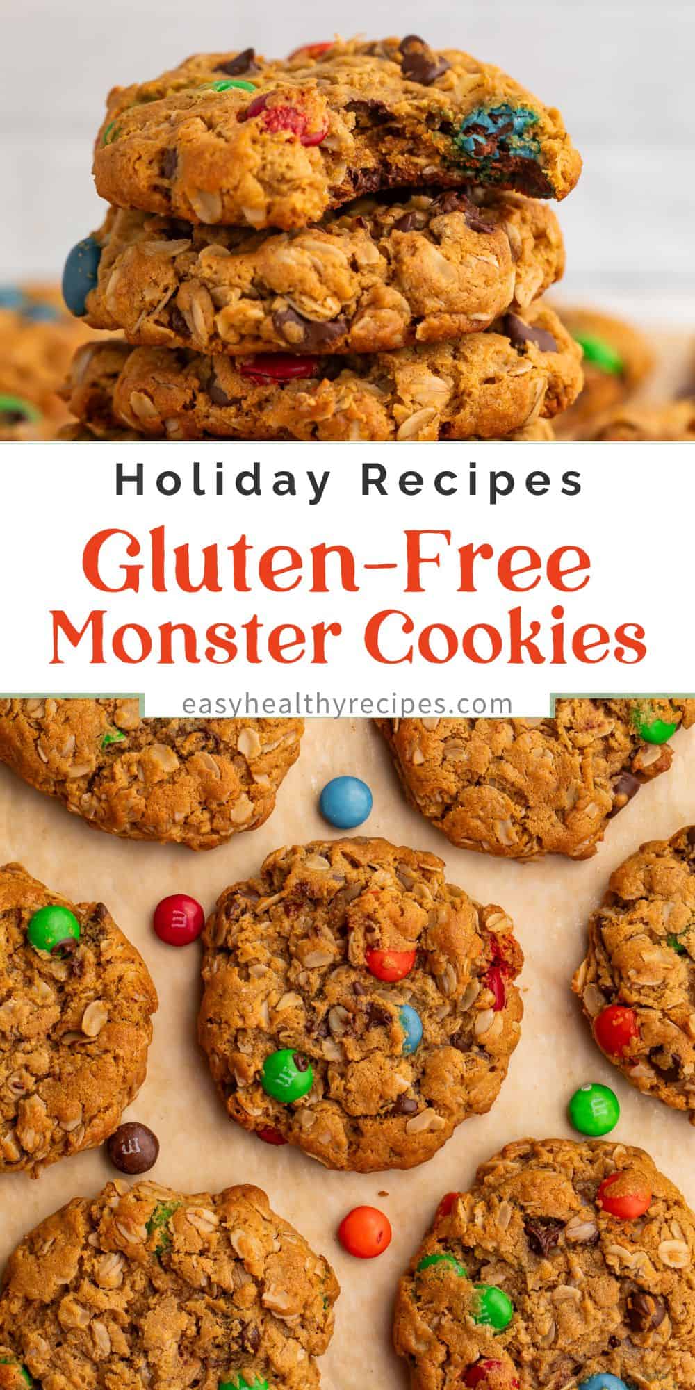 Two pictures of monster cookies, pictured overhead and stacked up with a Pinterest pin design overlay.