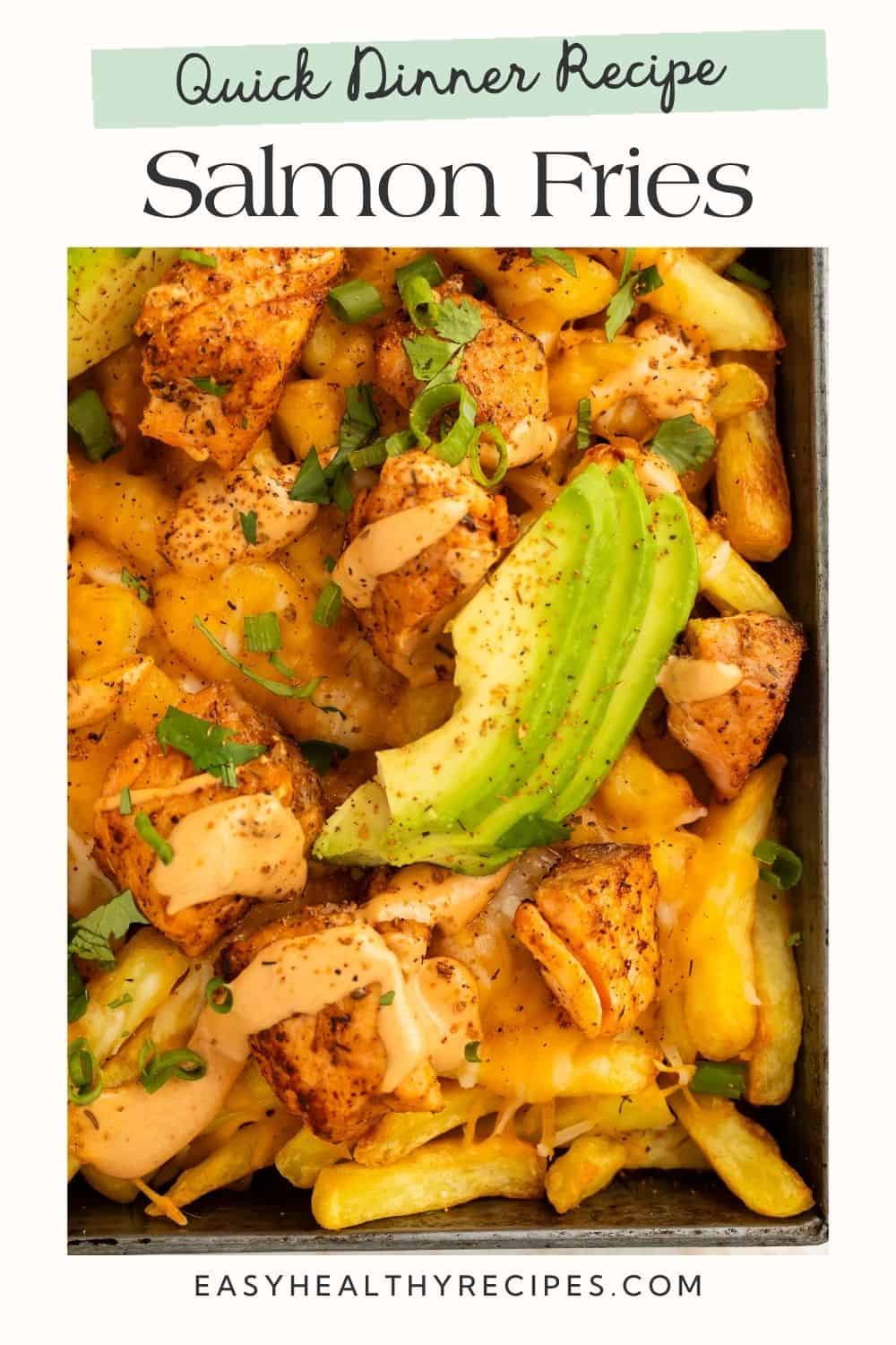 Close up of salmon fries topped with sliced avocado with Pinterest-friendly text overlay.