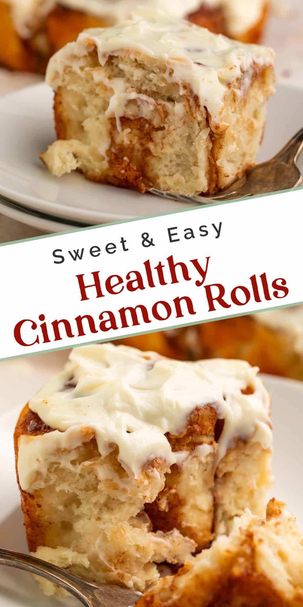 Close ups of cinnamon rolls on a white plate, with Pinterest-friendly text overlay.