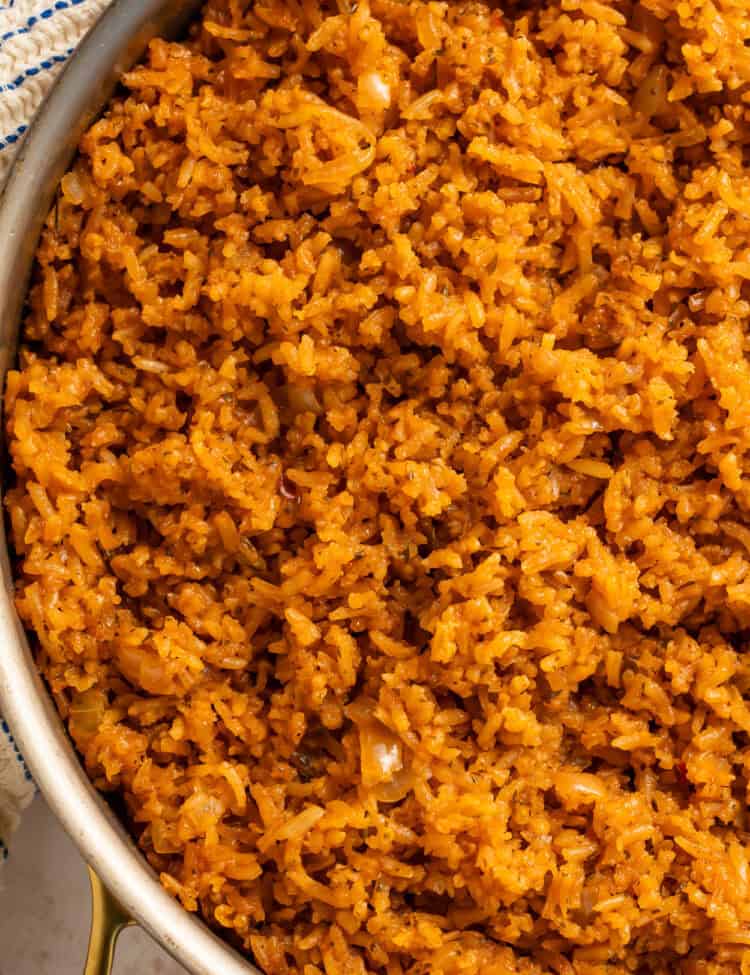 Close up of a pan of Texas Roadhouse Rice.