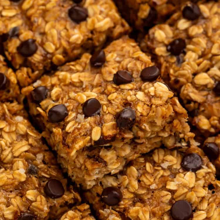Close up of cut oatmeal bars with chocolate chips.