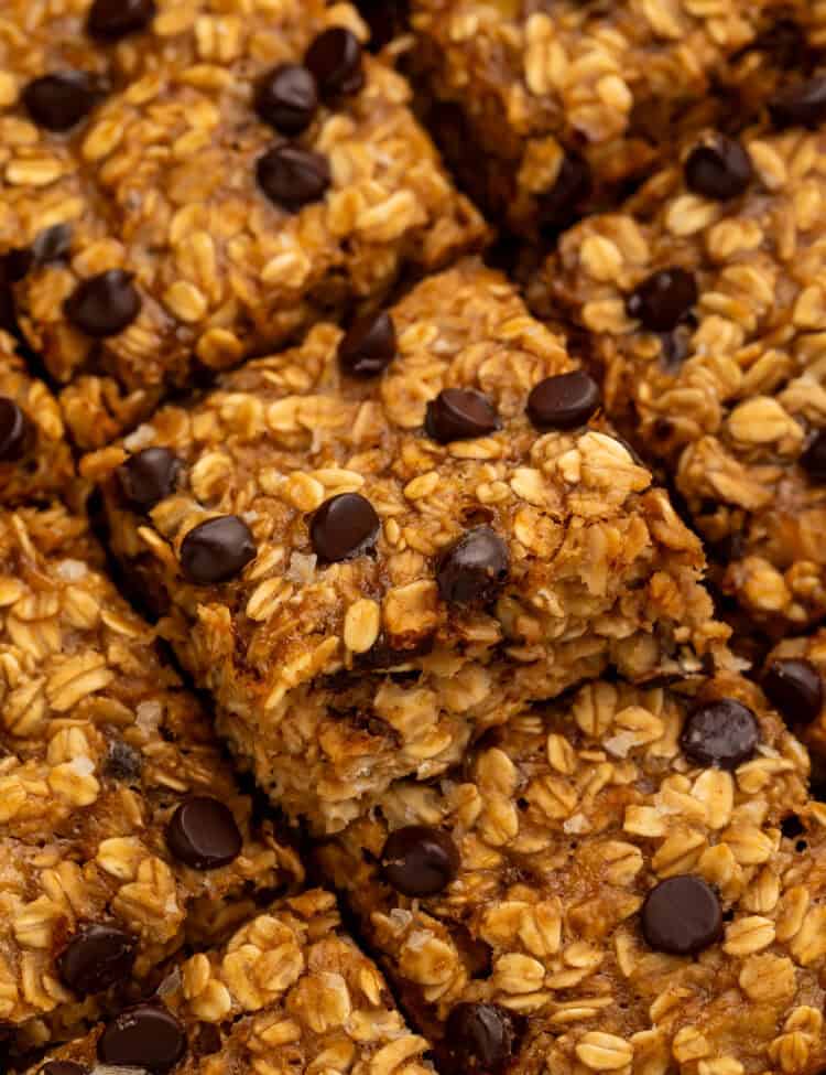 Close up of cut oatmeal bars with chocolate chips.