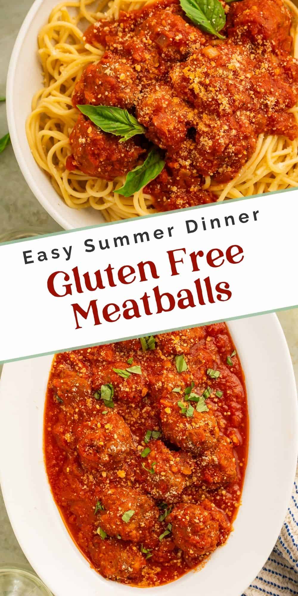 Close up images of meatballs in tomato sauce on a white serving platter and spooned over spaghetti and garnished with basil. There is a white banner separating the two images with Pinterest-optimised text.