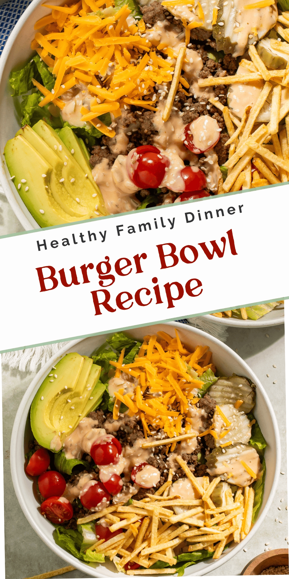 Collage of two overhead burger bowls with shredded cheddar, cherry tomatoes, avocado, beef, and sauce