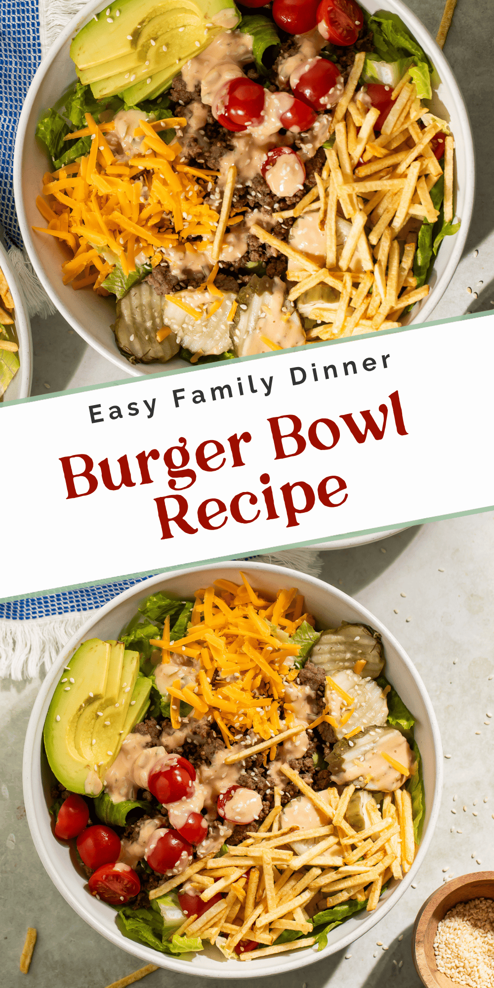 Collage of two overhead burger bowl shots with beef, tomatoes, avocado, cheddar, pickles, and sauce