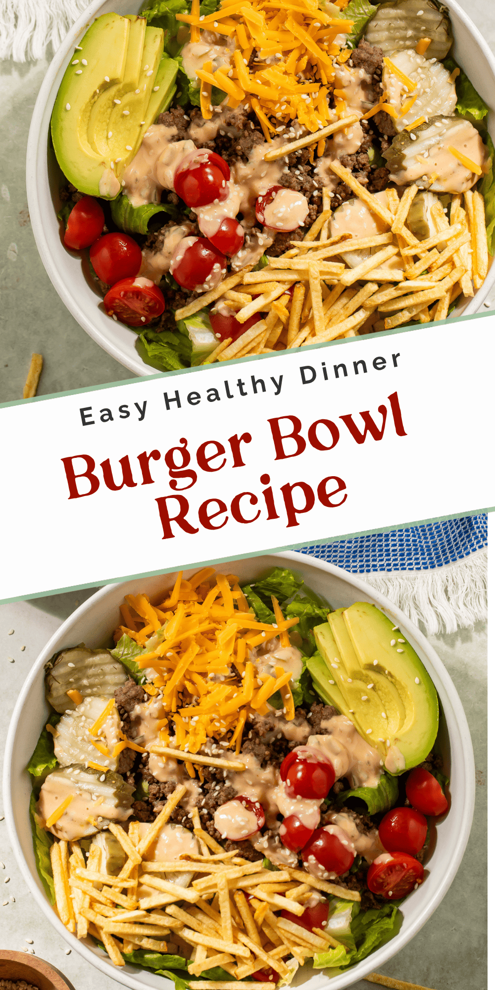 Two-image collage of overhead burger bowls with ground beef, avocado, cheddar, pickles, and special sauce