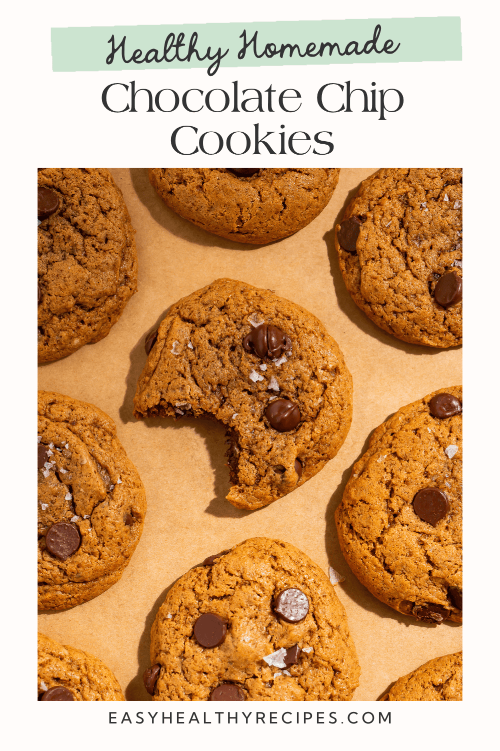 Healthy homemade chocolate chip cookies recipe pin with soft cookies and dark chocolate chips on parchment paper