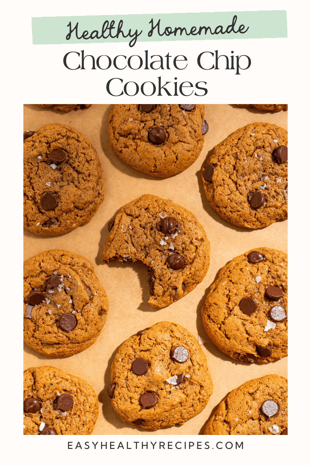 Healthy homemade chocolate chip cookies Pinterest graphic with golden brown cookies and chocolate chips