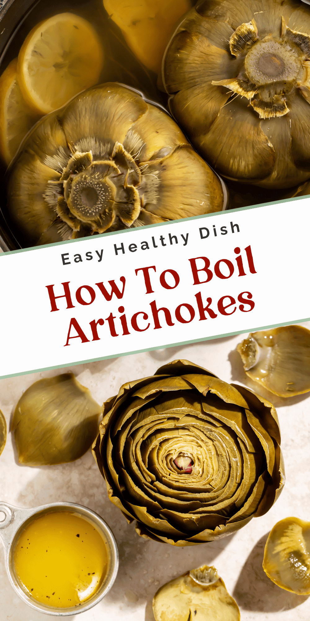 Artichokes boiling in a black pot above a single boiled artichoke with dipping sauce