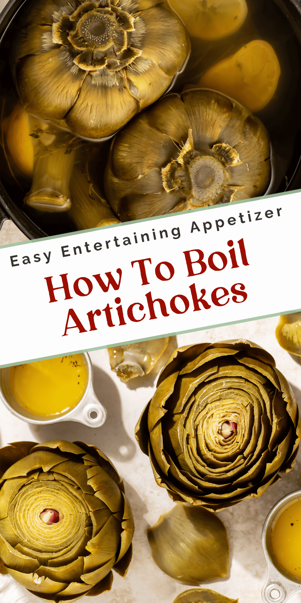 Artichokes boiling in a pot above two finished artichokes with dipping sauce on white surface