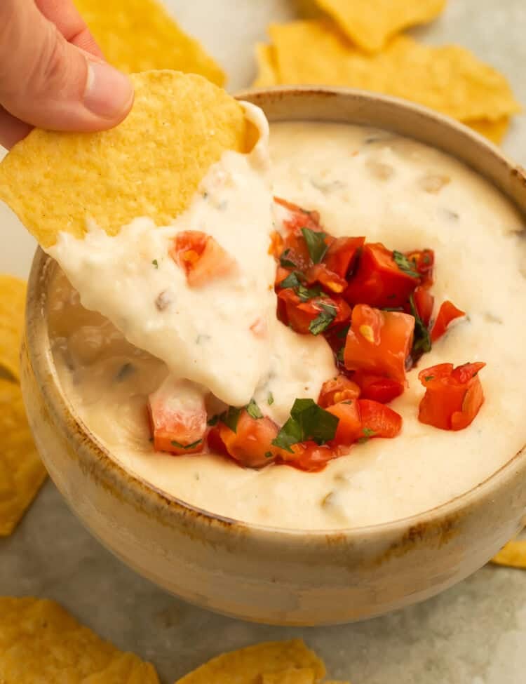 Tortilla chip dipped into creamy crockpot queso dip topped with diced tomatoes and cilantro