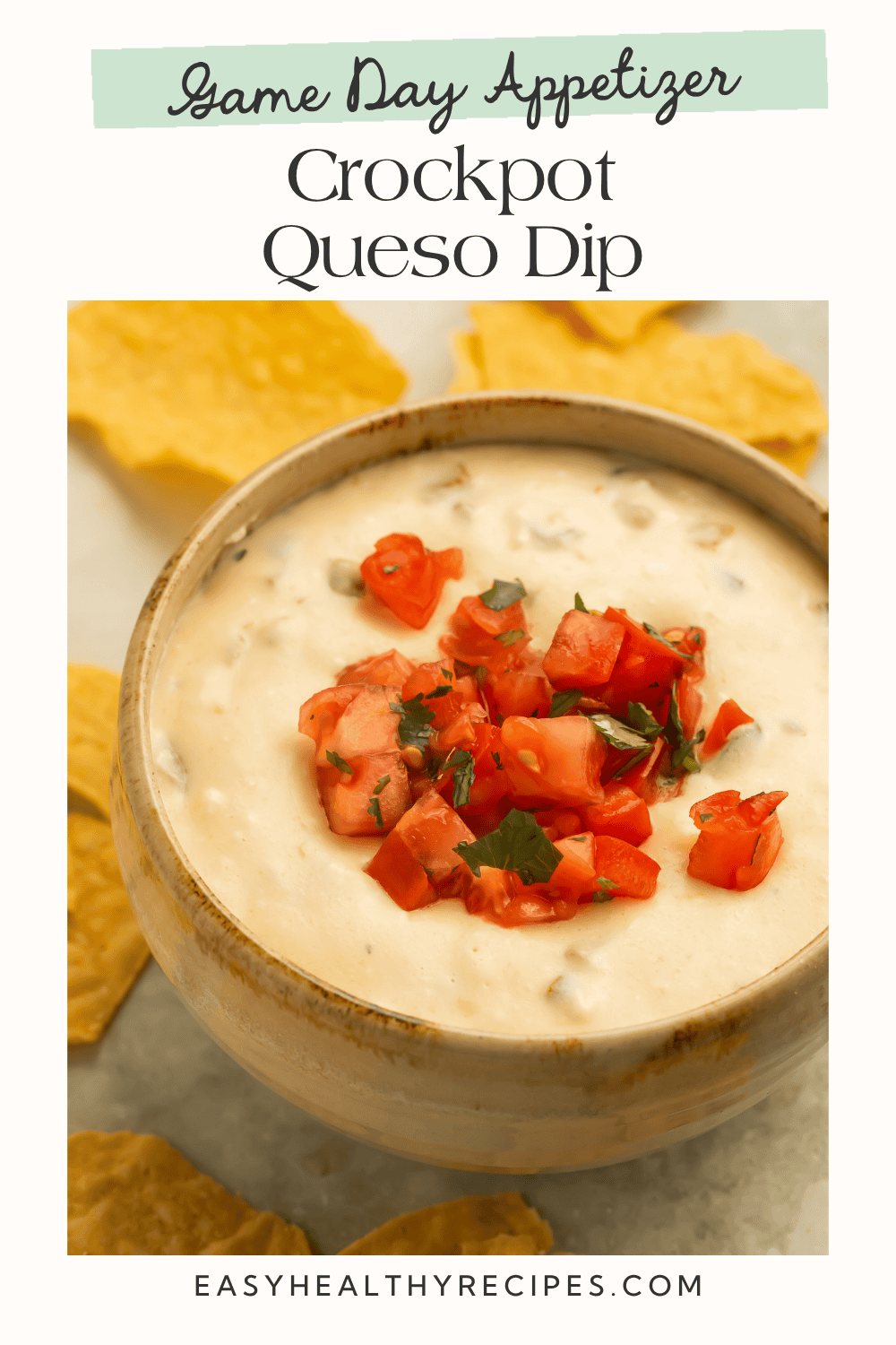 Bowl of creamy white queso dip topped with fresh diced tomatoes and cilantro surrounded by tortilla chips