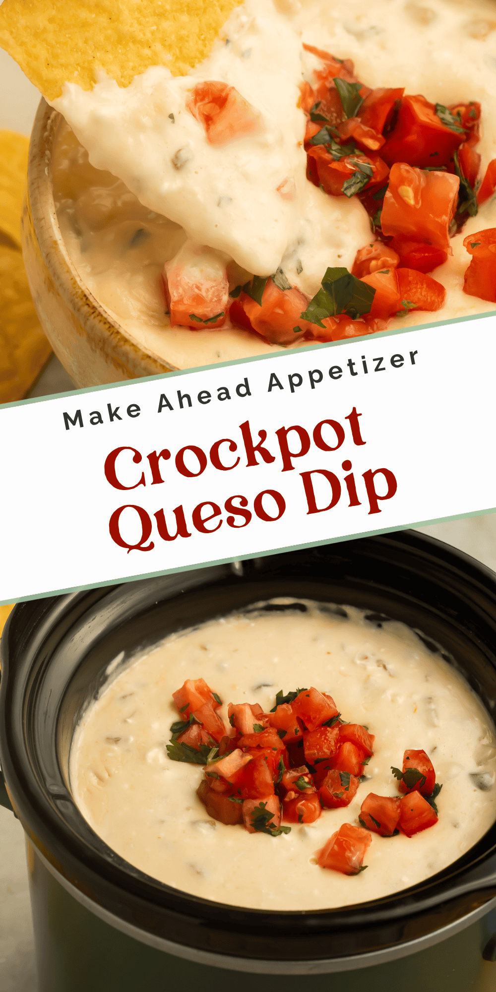 Two-image pin of a chip scooping creamy queso dip and queso with tomatoes in a dark slow cooker