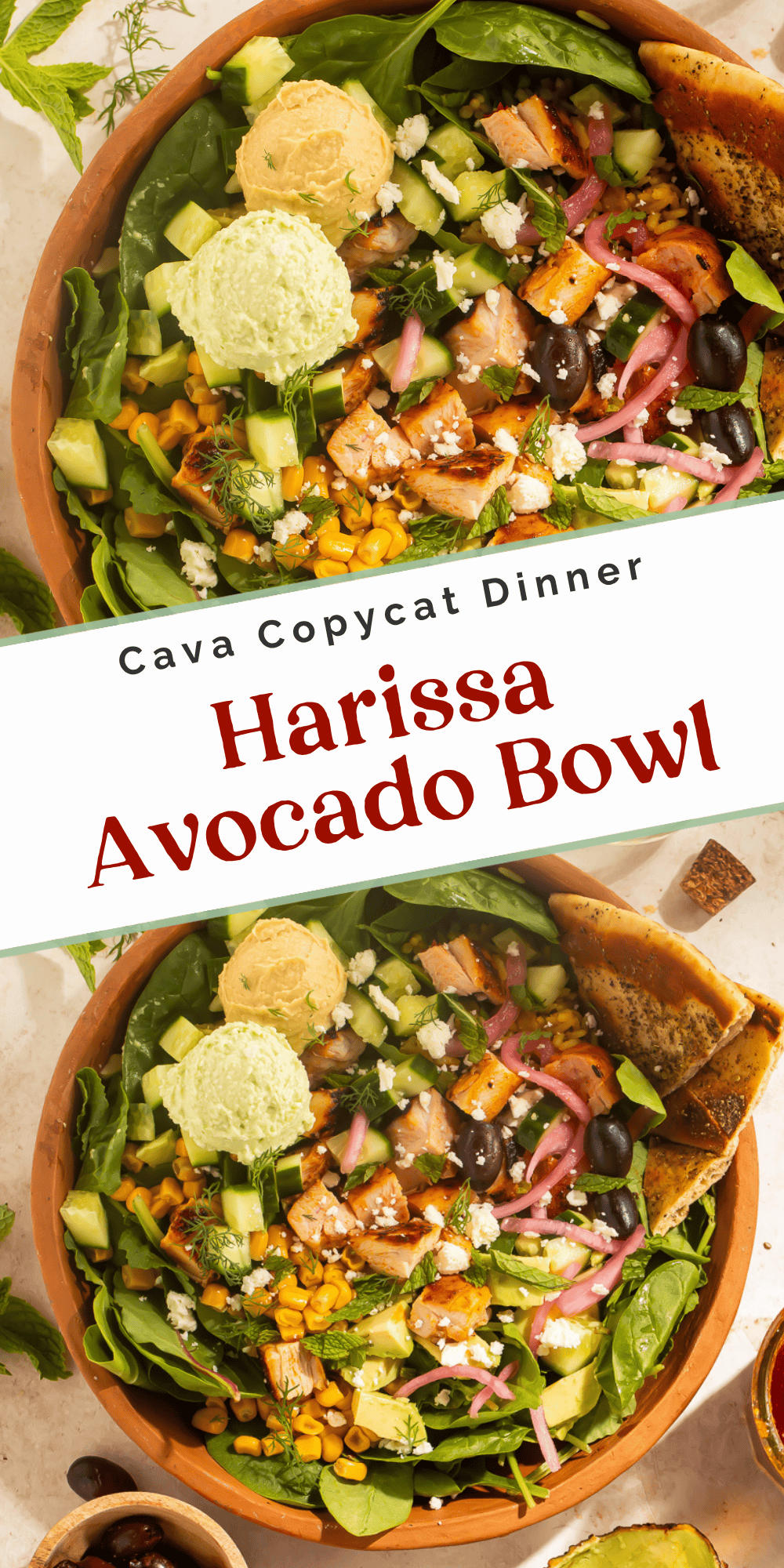 Two-image pin of harissa avocado Cava copycat bowl with chicken, crazy feta, hummus, and pickled onions in terracotta bowls