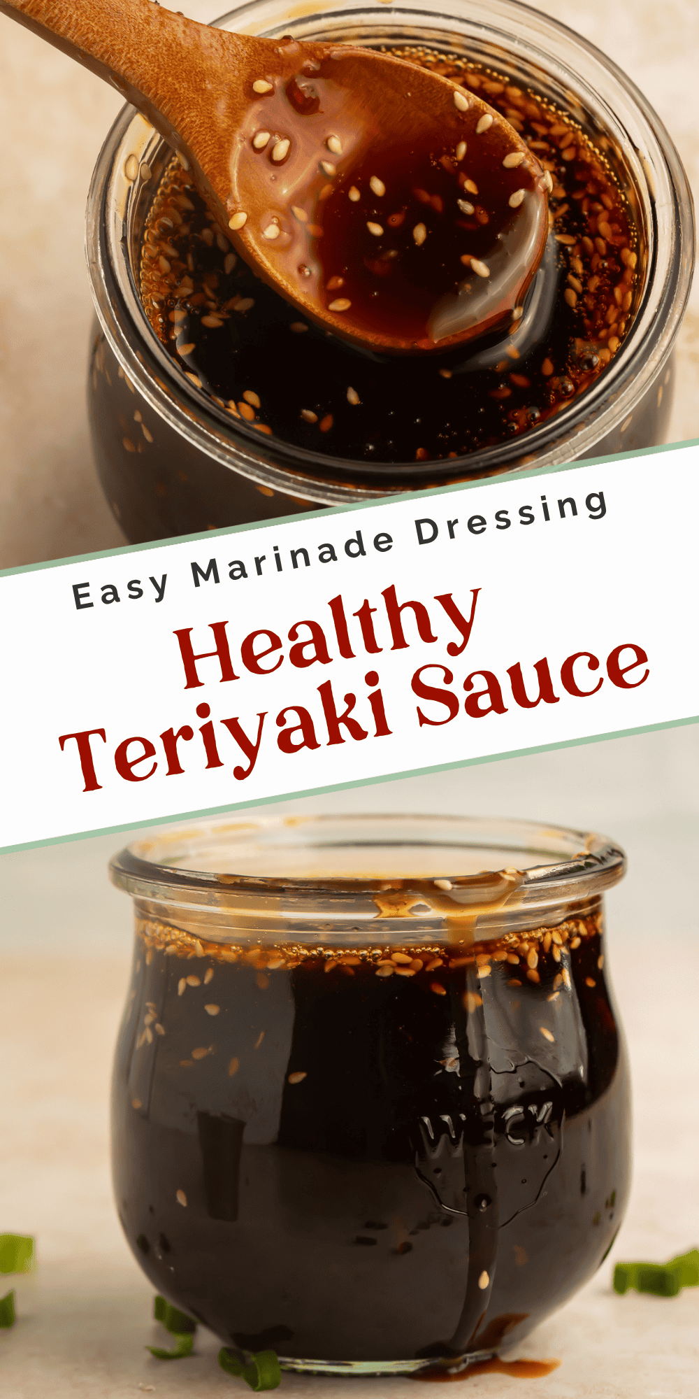 Healthy teriyaki sauce recipe pin featuring homemade sauce in a glass jar