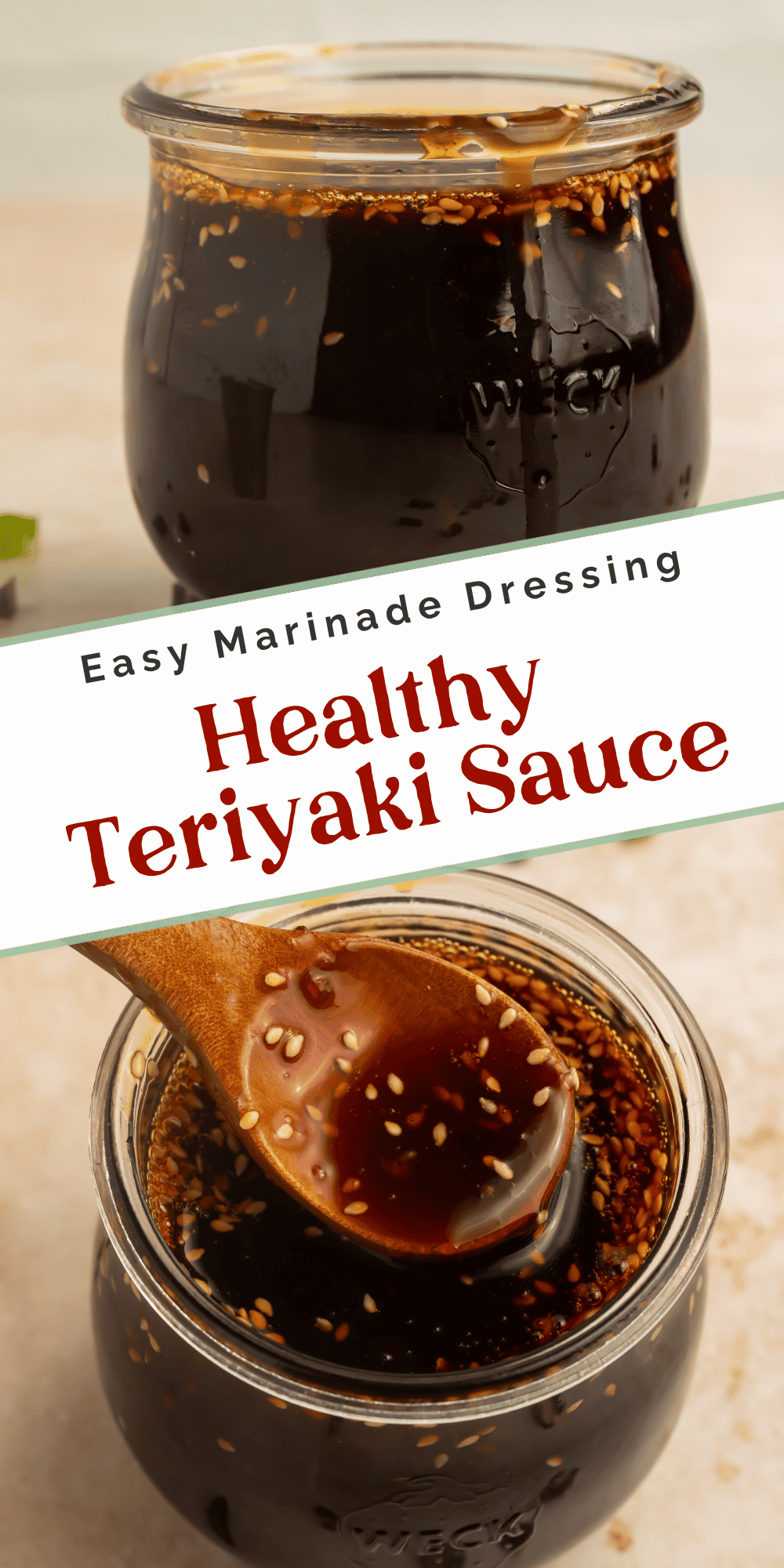Homemade teriyaki sauce recipe pin with glossy sauce and sesame seeds