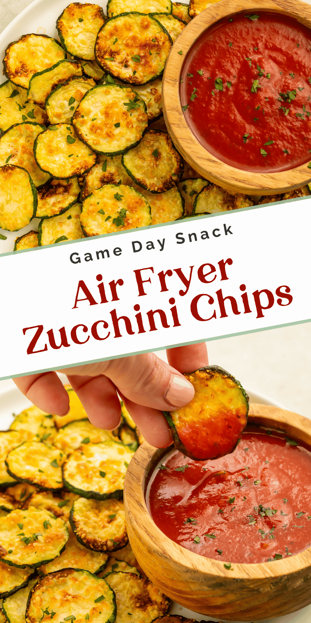 Crispy air fryer zucchini chips dipped in marinara sauce featured on a game day recipe pin.