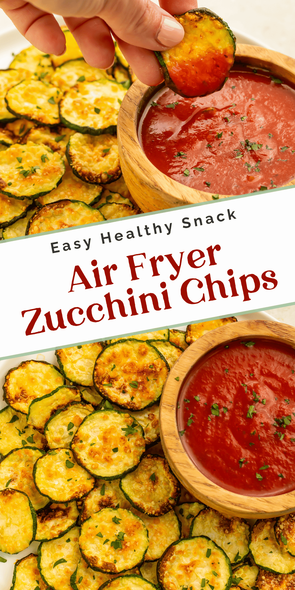 Cheesy air fryer zucchini chips served with marinara sauce on an easy healthy snack recipe pin.
