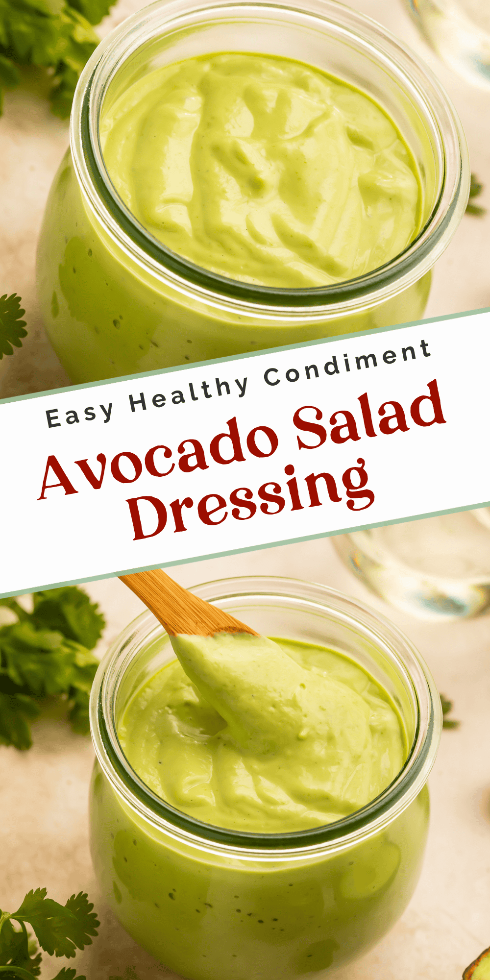Thick and creamy avocado salad dressing in a glass jar with a wooden spoon lifting the dressing from the jar